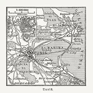 Map of Tunis and surroundings, Tunisia, wood engraving, published 1897