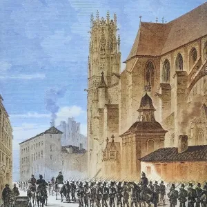 March of North German Landwehr through Pont-a-Mousson, illustrated war chronicle 1870-1871, Franco-Prussian campaign, Germany, France March of North German Landwehr through Pont-a-Mousson, illustrated war chronicle 1870-1871, Franco-Prussian campaign, Germany, France