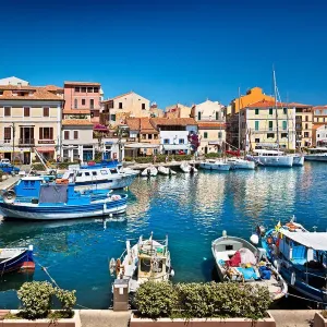 Marina and view over La Maddalena, the largest town in the Maddalena archipelago