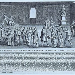 Matrimonium A Latinis olim et romanis nondum, depicts marriage ceremonies in early Rome. The image shows certain parts of the wedding ceremony, historical Rome, Italy, digital reproduction of an original from the 17th century, original date unknown