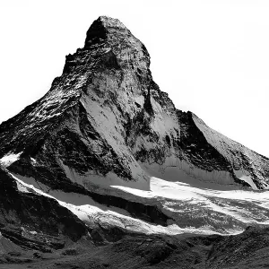 Matterhorn north face, snow capped, triangle shaped, high-contrast black and white Matterhorn north face, snow capped, triangle shaped, high-contrast black and white