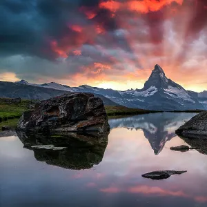 Matterhorn reflected in lake Stellisee at sunset. Zermatt, Valais Canton, Switzerland