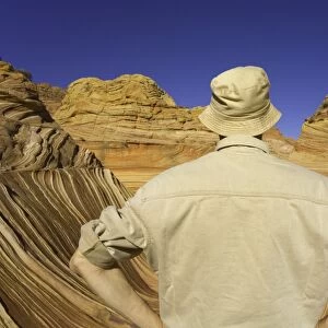 Mature man looking at sandstone buttes, rear view