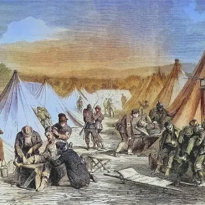 Max Mahons captured tent camp near Reichshofen as a hospital for the wounded, illustrated war chronicle 1870-1871, Franco-Prussian campaign, Germany, France Max Mahons captured tent camp near Reichshofen as a hospital for the wounded, illustrated war chronicle 1870-1871, Franco-Prussian campaign, Germany, France