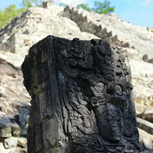 Mayan Stone Stela and Pyramid Temple at Copan