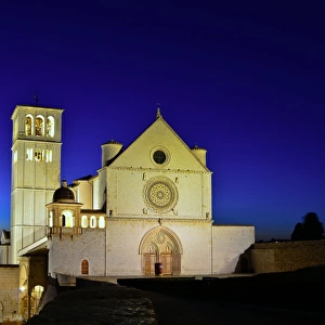 Medieval Basilica of San Francesco at dusk, Assisi