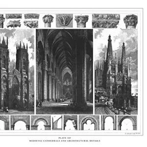Medieval Cathedrals and Architectural Details Engraving Antique Illustration