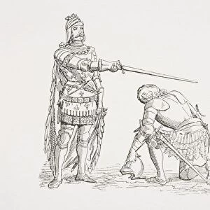 Medieval dubbing ceremony with two knights, one standing and holding his sword horizontally above the head of the other who is kneeling