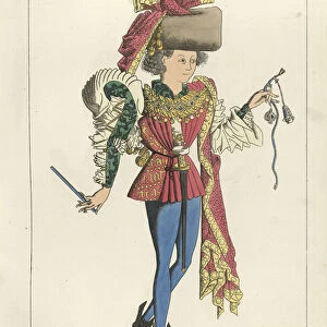 Medieval fashion, Young man wearing doublet, hose, large hat