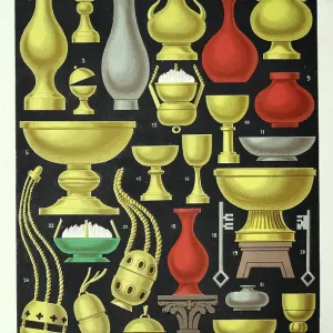 Medieval furniture and decor, French 12th to 13th Century, Vase, Urns, Lamps, Censer, keys, Vintage illustration Medieval furniture and decor, French 12th to 13th Century, Vase, Urns, Lamps, Censer, keys, Vintage illustration