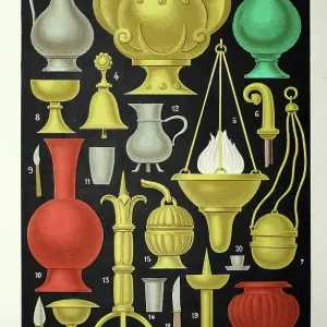 Medieval furniture and decor, French 12th to 13th Century, Vase, Urns, Lamps, Censer, Vintage illustration Medieval furniture and decor, French 12th to 13th Century, Vase, Urns, Lamps, Censer, Vintage illustration
