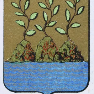 Medieval heraldry, Coat of arms, Shield with ISland, Sea, Growth, Spanish, Vintage illustration Medieval heraldry, Coat of arms, Shield with ISland, Sea, Growth, Spanish, Vintage illustration