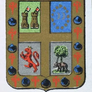 Medieval heraldry, Coat of arms, Shield with Quartered, Castle, Lion, Tree, Gold, Cross, Spanish, Vintage illustration Medieval heraldry, Coat of arms, Shield with Quartered, Castle, Lion, Tree, Gold, Cross, Spanish, Vintage illustration
