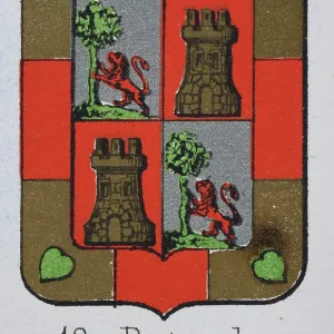 Medieval heraldry, Coat of arms, Shield with Quartered, Green, Oak, Tree, Gold, Castle, Spanish, Vintage illustration Medieval heraldry, Coat of arms, Shield with Quartered, Green, Oak, Tree, Gold, Castle, Spanish, Vintage illustration