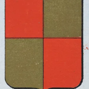 Medieval heraldry, Coat of arms, Shield with Quartered, Red, Gold, Checked, Spanish, Vintage illustration Medieval heraldry, Coat of arms, Shield with Quartered, Red, Gold, Checked, Spanish, Vintage illustration