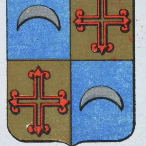 Medieval heraldry, Coat of arms, Shield with Quartered, silver, crescent, red, cross, gold, Spanish, Vintage illustration Medieval heraldry, Coat of arms, Shield with Quartered, silver, crescent, red, cross, gold, Spanish, Vintage illustration