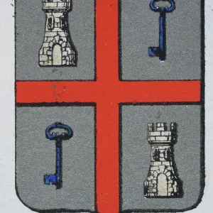 Medieval heraldry, Coat of arms, Shield with Quartered, White, Castle, Blue, Key, Red, Cross, Silver, Spanish, Vintage illustration Medieval heraldry, Coat of arms, Shield with Quartered, White, Castle, Blue, Key, Red, Cross, Silver, Spanish, Vintage illustration