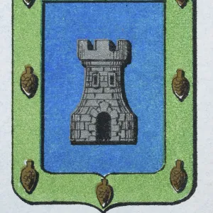 Medieval heraldry, Coat of arms, Shield with Silver, Castle, Blue, Green, Border, Spanish, Vintage illustration Medieval heraldry, Coat of arms, Shield with Silver, Castle, Blue, Green, Border, Spanish, Vintage illustration