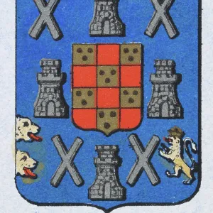 Medieval heraldry, Coat of arms, Shield with Silver, Castle, Crss, Lion, Rampant, Spanish, Vintage illustration Medieval heraldry, Coat of arms, Shield with Silver, Castle, Crss, Lion, Rampant, Spanish, Vintage illustration