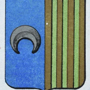 Medieval heraldry, Coat of arms, Shield with silver, crescent, blue, Striped, Gold, Green, Spanish, Vintage illustration Medieval heraldry, Coat of arms, Shield with silver, crescent, blue, Striped, Gold, Green, Spanish, Vintage illustration