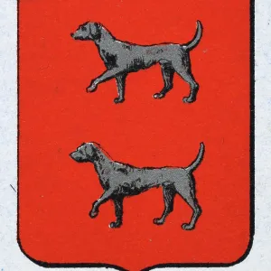 Heraldica medieval, Escudo de armas, Escudo con plata, Perros, Galgos, Rojo, Español, Ilustración vintage. Heraldica medieval, Escudo de armas, Escudo con plata, Perros, Galgos, Rojo, Español, Ilustración vintage.