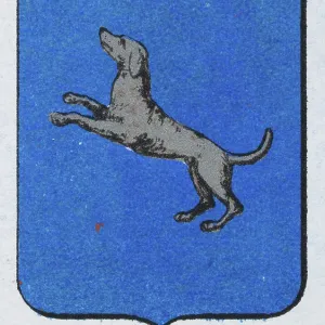 Medieval heraldry, Coat of arms, Shield with Silver, Jumping, Dog, Blue, Spanish, Vintage illustration Medieval heraldry, Coat of arms, Shield with Silver, Jumping, Dog, Blue, Spanish, Vintage illustration