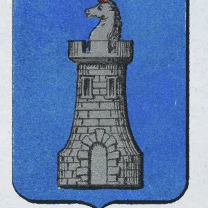 Medieval heraldry, Coat of arms, Shield with Silver, Unicorn, Castle, Blue, Spanish, Vintage illustration Medieval heraldry, Coat of arms, Shield with Silver, Unicorn, Castle, Blue, Spanish, Vintage illustration