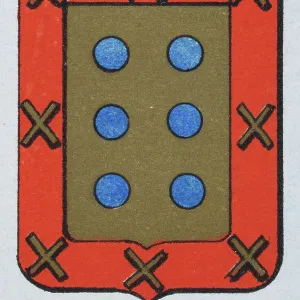 Medieval heraldry, Coat of arms, Shield with Six, Blue, Dots, Red, Border, Gold, Cross, Spanish, Vintage illustration Medieval heraldry, Coat of arms, Shield with Six, Blue, Dots, Red, Border, Gold, Cross, Spanish, Vintage illustration