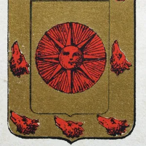 Heráldica medieval, Escudo de armas, Escudo con, rojo, sol, lobo, cabeza, oro. Ilustración antigua española. Heráldica medieval, Escudo de armas, Escudo con, rojo, sol, lobo, cabeza, oro. Ilustración antigua española.