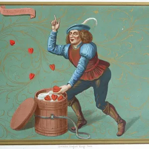 Medieval history, allegory on love, man throwing hearts, Rogier bontemps, semi-mythical French figure who personifies a state of leisure and freedom from care, 15th century, Vintage illustration Medieval history, allegory on love, man throwing hearts, Rogier bontemps, semi-mythical French figure who personifies a state of leisure and freedom from care, 15th century, Vintage illustration