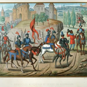 Medieval history, army of knights and horse back leaving a castle, black servant, French 15th Century, Vintage illustration Medieval history, army of knights and horse back leaving a castle, black servant, French 15th Century, Vintage illustration