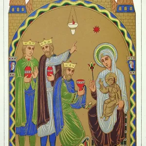 Medieval history, Art, Three Kings presenting gifts to Baby Jesus and Mary, Nativity scene, French 12th Century Medieval history, Art, Three Kings presenting gifts to Baby Jesus and Mary, Nativity scene, French 12th Century