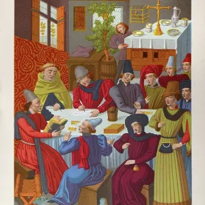 Medieval history, French bourgeois paying income taxes, 15th century, Vintage illustration, Paiment de Rentes Medieval history, French bourgeois paying income taxes, 15th century, Vintage illustration, Paiment de Rentes