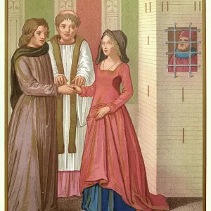 Medieval history, Priest marriage a young couple, The Woman with Two Husbands, French, 15th century, Vintage illustration, La Femme aux Deux Maris Medieval history, Priest marriage a young couple, The Woman with Two Husbands, French, 15th century, Vintage illustration, La Femme aux Deux Maris