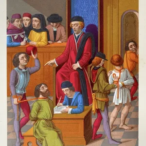 Medieval history, Prisoners brough before a judge in a court room for sentencing, French, 15th century, Vintage illustration Medieval history, Prisoners brough before a judge in a court room for sentencing, French, 15th century, Vintage illustration