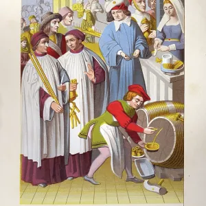 Medieval history, Waiter getting beer from a barrel, Bar maid serving customer, bar or cabaret, Belgium, 15th century, Vintage illustration Medieval history, Waiter getting beer from a barrel, Bar maid serving customer, bar or cabaret, Belgium, 15th century, Vintage illustration