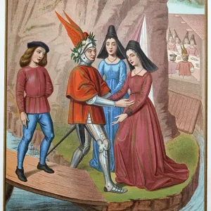 Medieval history, two women greeting a knight in armour and a winged helmet, 15th century, Vintage illustration, Compagnie et amitie, Company and friendship Medieval history, two women greeting a knight in armour and a winged helmet, 15th century, Vintage illustration, Compagnie et amitie, Company and friendship