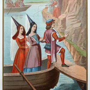 Medieval history, two women wearing Hennin cone headdress, disemaking from a boat with a man, in background they are fishing with rods, 15th century, Vintage illustration, Les Dames Marinieres, The Ladies Sailors Medieval history, two women wearing Hennin cone headdress, disemaking from a boat with a man, in background they are fishing with rods, 15th century, Vintage illustration, Les Dames Marinieres, The Ladies Sailors