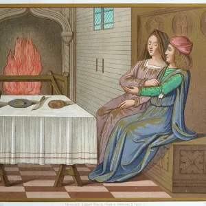 Medieval history, Young couple having an affair, French, 15th century, Vintage illustration, Un abus de confiance (A breach of trust) Medieval history, Young couple having an affair, French, 15th century, Vintage illustration, Un abus de confiance (A breach of trust)