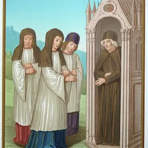 Medieval religious history, Abbot receiving nuns, 15th century, Vintage illustration, Abbe recevant des Religieuses Medieval religious history, Abbot receiving nuns, 15th century, Vintage illustration, Abbe recevant des Religieuses