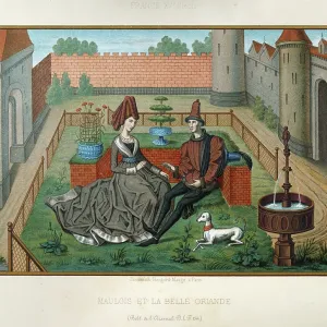 Medieval Romance, Young couple in garden with white dog and fountain, French 15th Century, Vintage illustration, Maulgis with the Belle Oriande in a garden, 15th century Medieval Romance, Young couple in garden with white dog and fountain, French 15th Century, Vintage illustration, Maulgis with the Belle Oriande in a garden, 15th century