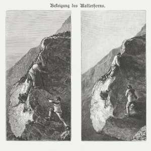 Two men climbing the Matterhorn, Switzerland, wood engravings, published 1895 Two men climbing the Matterhorn, Switzerland, wood engravings, published 1895