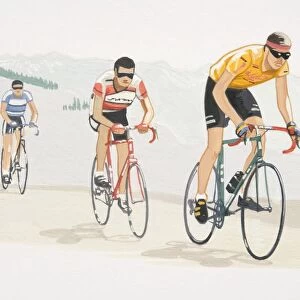 Three men cycling in mountain landscape, front view