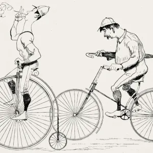 Deux hommes cyclistes, bicyclette penny farthing et une bicyclette avec des roues basses égales. Deux hommes cyclistes, bicyclette penny farthing et une bicyclette avec des roues basses égales.