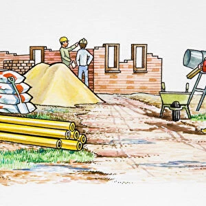Three men working on building site