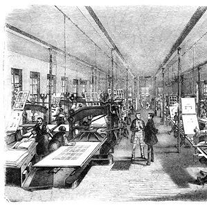Men working at a printing press in workshop Germany 1858