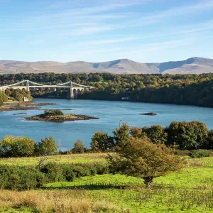 The Menai Bridge on a beautiful autumn afternoon, Anglesey, North Wales The Menai Bridge on a beautiful autumn afternoon, Anglesey, North Wales