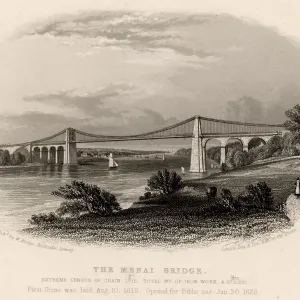 Menai Bridge Print: Engraving of a Suspension Bridge over the Menai Straits Menai Bridge Print: Engraving of a Suspension Bridge over the Menai Straits