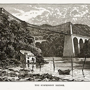 Menai Suspension Bridge in Anglesey, Wales Victorian Engraving, 1840
