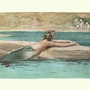 Mermaid watching children play on the beach, 19th Century